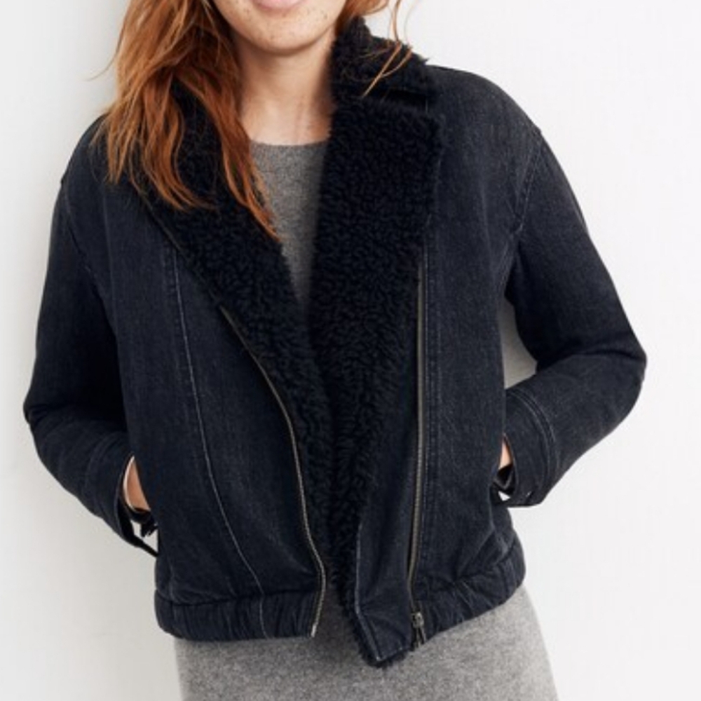 Madewell Sherpa Motorcycle Black Denim Jacket